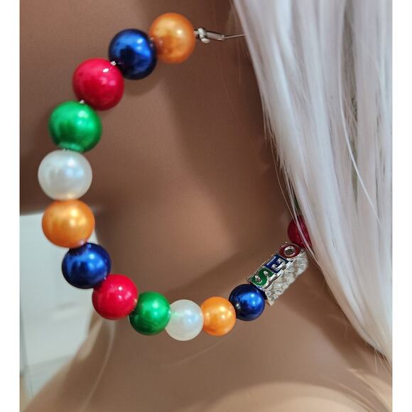 OES Eastern Star Earrings with White, Blue, Yellow, Red & Green Pearls - Picture 4 of 5